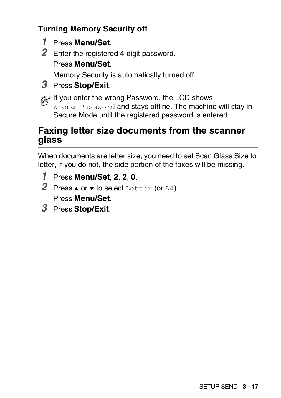 Turning memory security off, Turning memory security off -17, Faxing letter size documents from the scanner | Glass -17 | Brother DCP-110C User Manual | Page 59 / 212