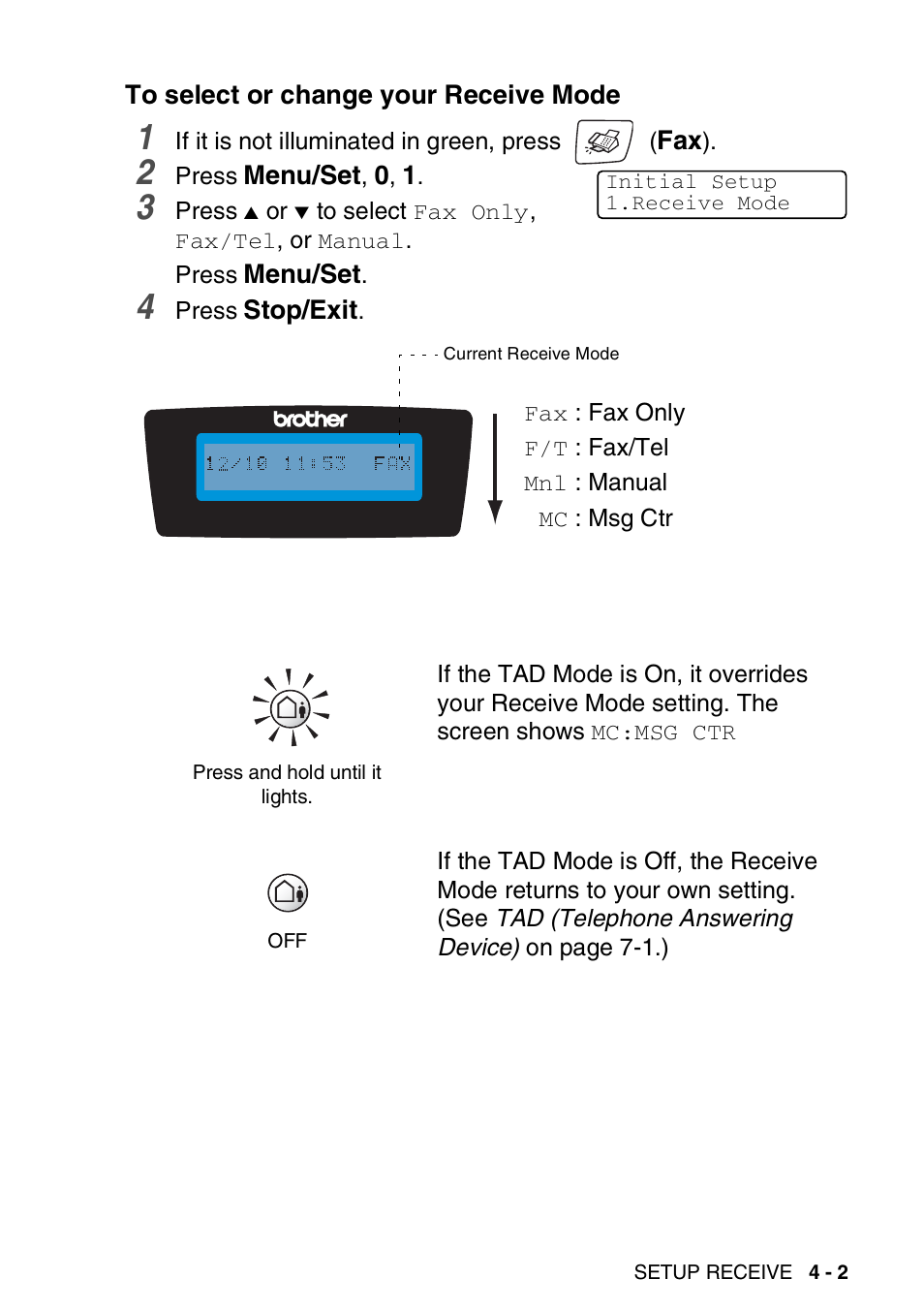 To select or change your receive mode, To select or change your receive mode -2 | Brother DCP-110C User Manual | Page 61 / 212