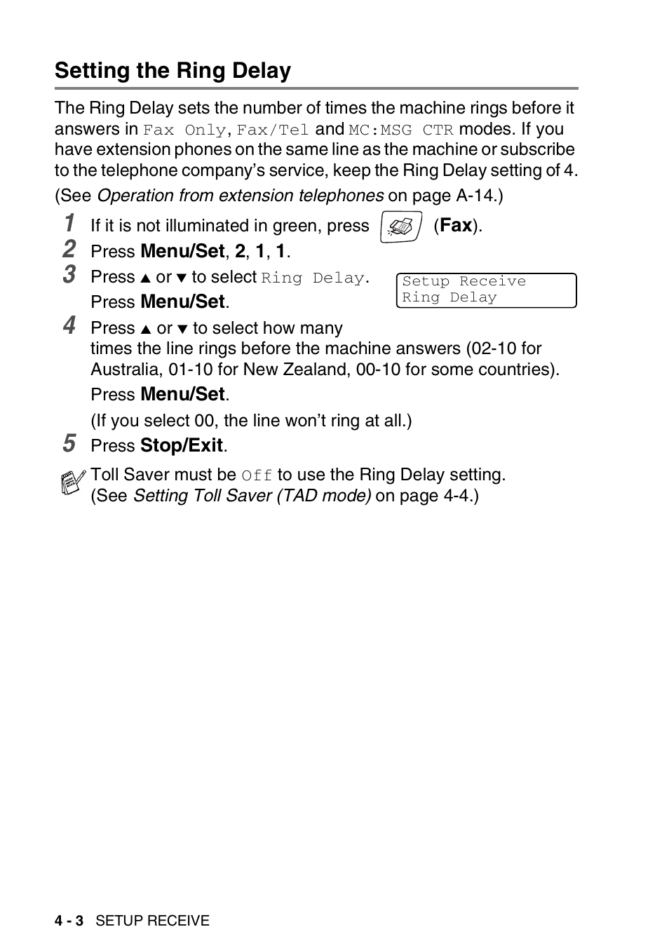 Setting the ring delay, Setting the ring delay -3 | Brother DCP-110C User Manual | Page 62 / 212