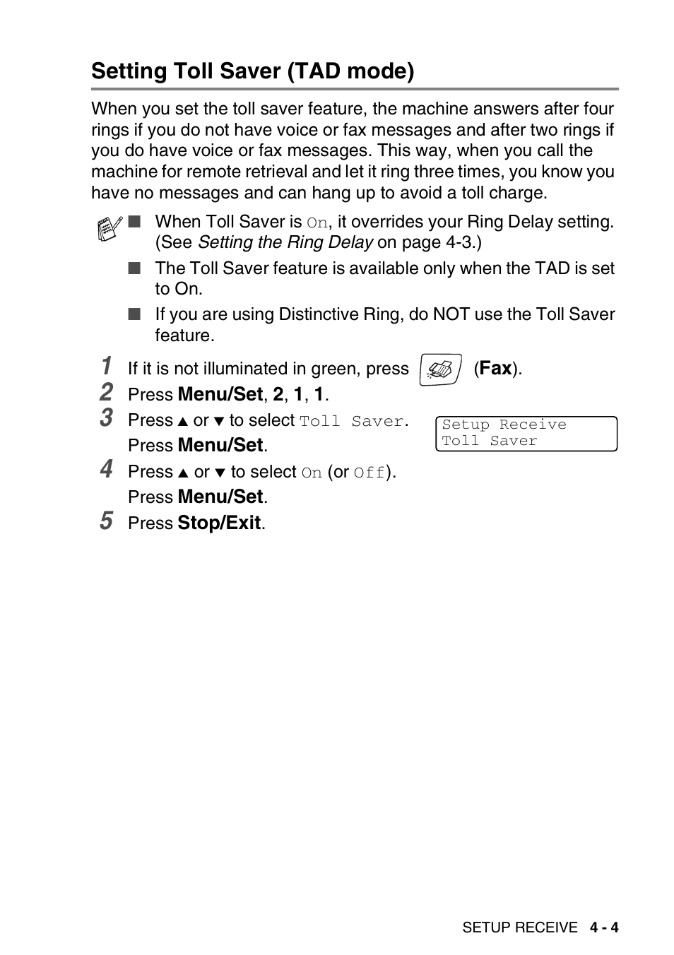 Setting toll saver (tad mode), Setting toll saver (tad mode) -4 | Brother DCP-110C User Manual | Page 63 / 212