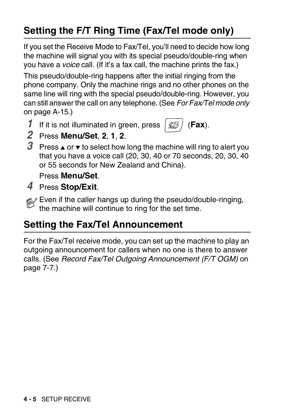 Setting the f/t ring time (fax/tel mode only), Setting the fax/tel announcement | Brother DCP-110C User Manual | Page 64 / 212