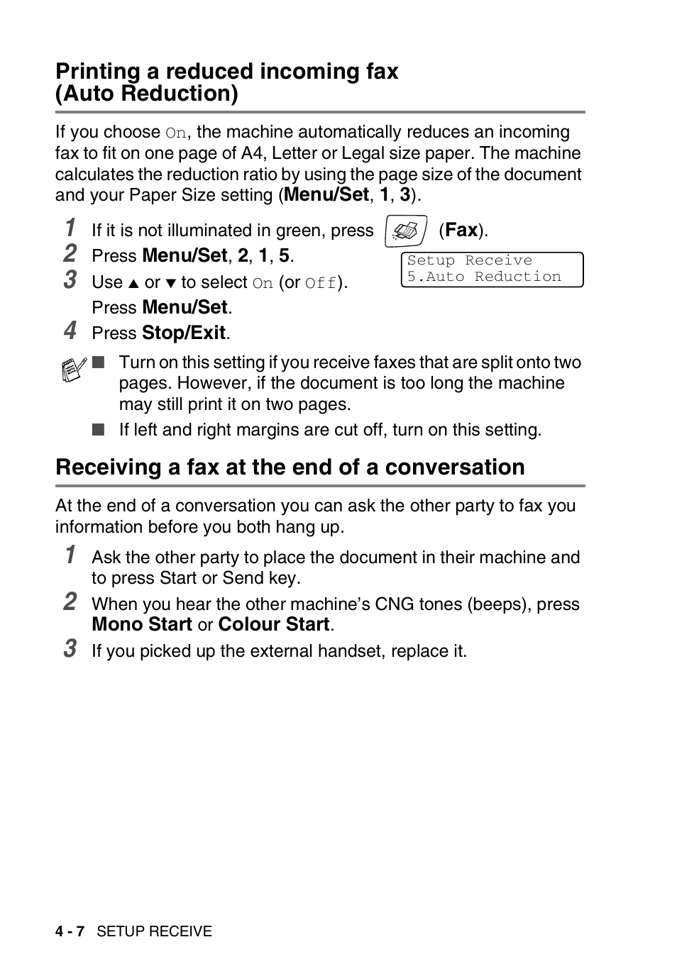 Printing a reduced incoming fax (auto reduction), Receiving a fax at the end of a conversation | Brother DCP-110C User Manual | Page 66 / 212