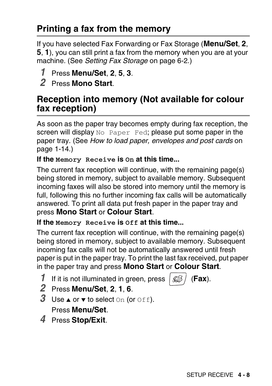 Printing a fax from the memory, Not available for colour fax reception) -8 | Brother DCP-110C User Manual | Page 67 / 212