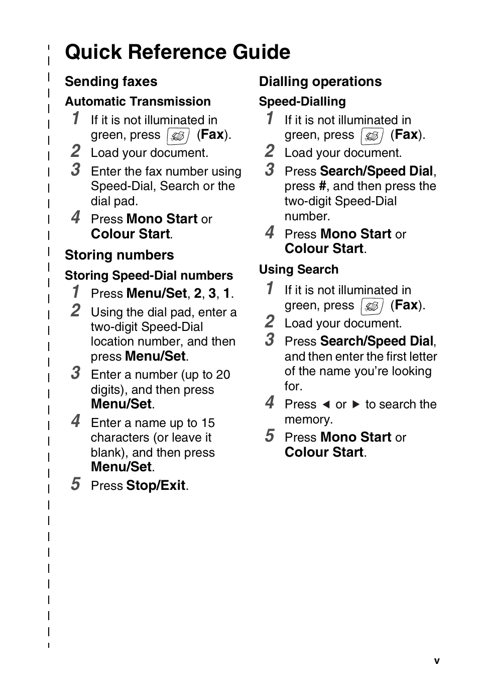 Quick reference guide, Sending faxes, Storing numbers | Dialling operations | Brother DCP-110C User Manual | Page 7 / 212