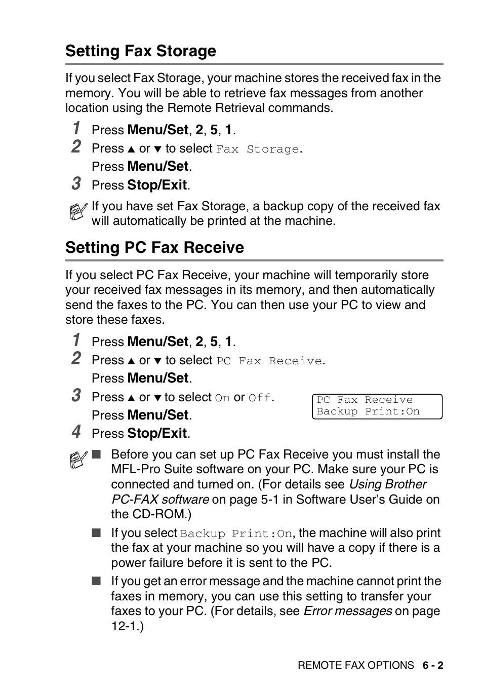 Setting fax storage, Setting pc fax receive, Setting fax storage -2 setting pc fax receive -2 | Brother DCP-110C User Manual | Page 79 / 212