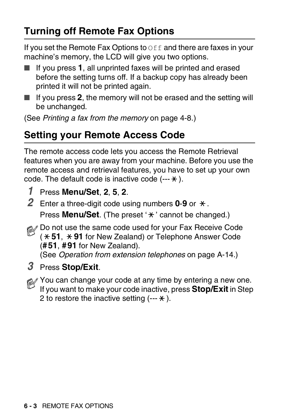 Turning off remote fax options, Setting your remote access code | Brother DCP-110C User Manual | Page 80 / 212