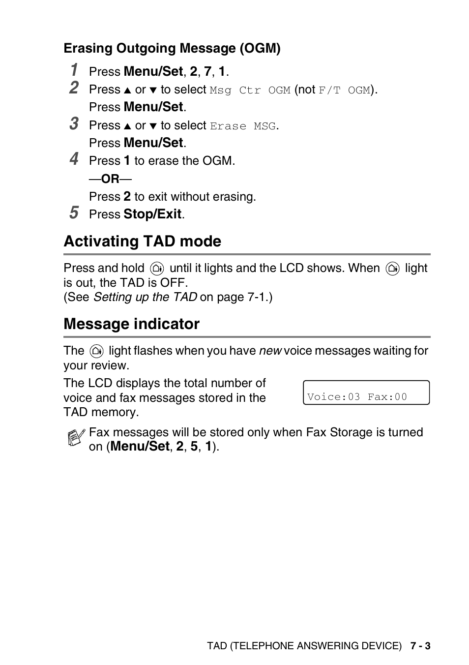 Erasing outgoing message (ogm), Activating tad mode, Message indicator | Erasing outgoing message (ogm) -3, Activating tad mode -3 message indicator -3 | Brother DCP-110C User Manual | Page 87 / 212