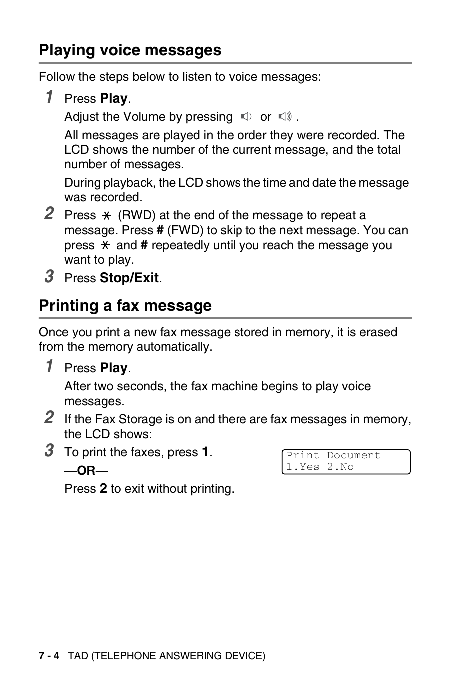 Playing voice messages, Printing a fax message | Brother DCP-110C User Manual | Page 88 / 212