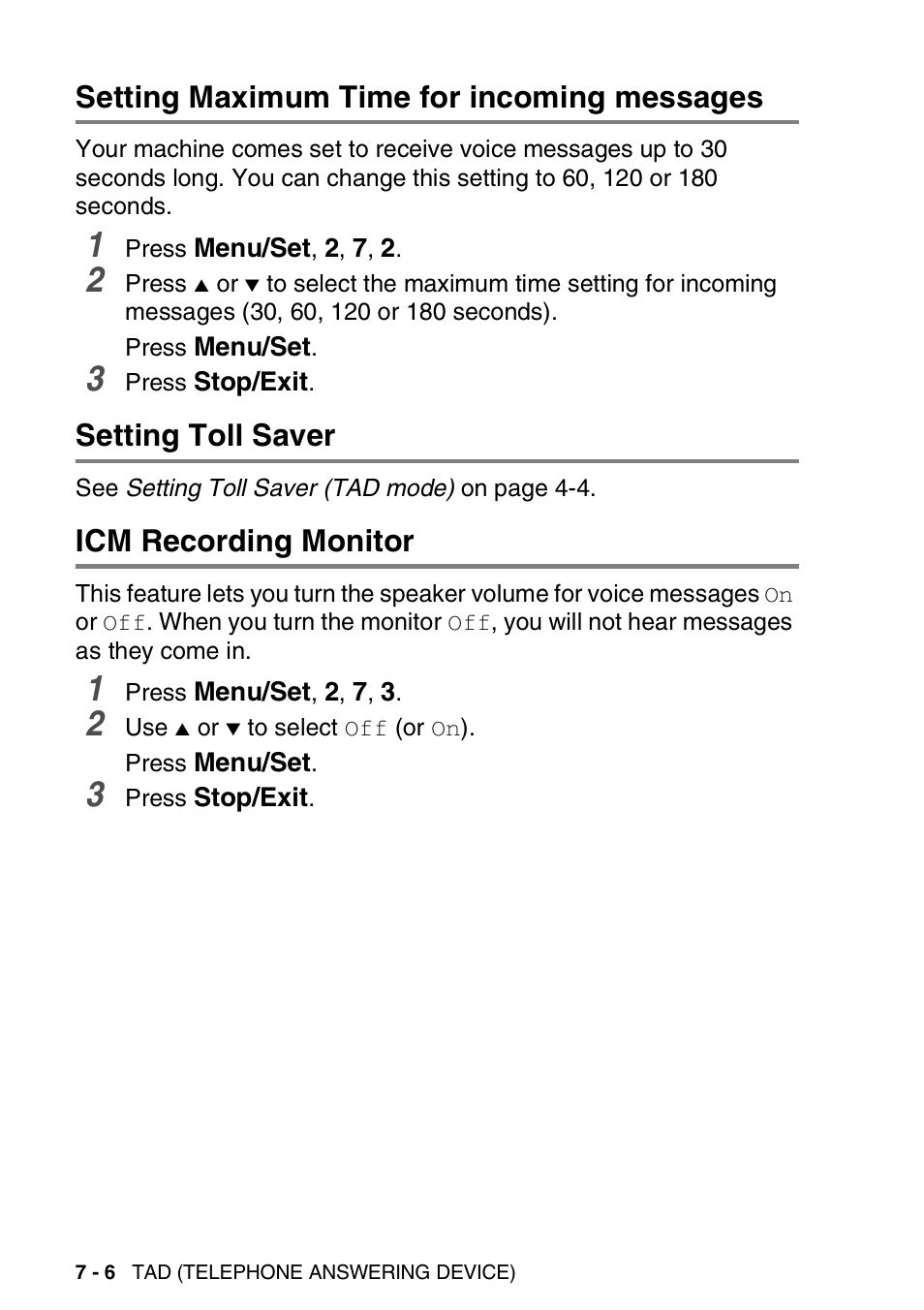 Setting maximum time for incoming messages, Setting toll saver, Icm recording monitor | Brother DCP-110C User Manual | Page 90 / 212