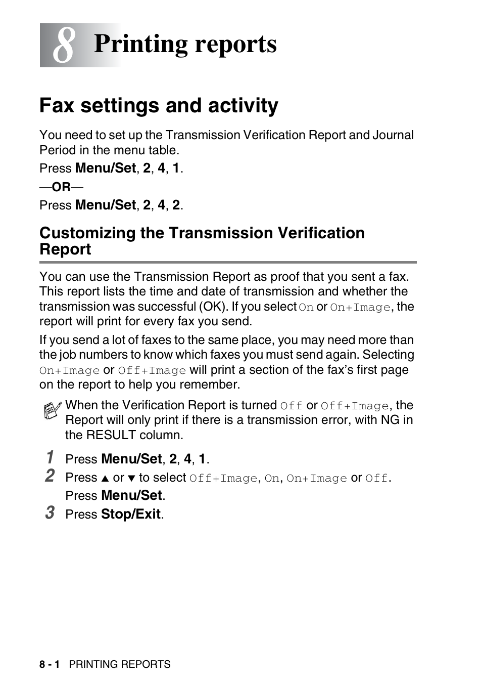 8 printing reports, Fax settings and activity, Customizing the transmission verification report | Printing reports -1, Fax settings and activity -1, Printing reports | Brother DCP-110C User Manual | Page 92 / 212