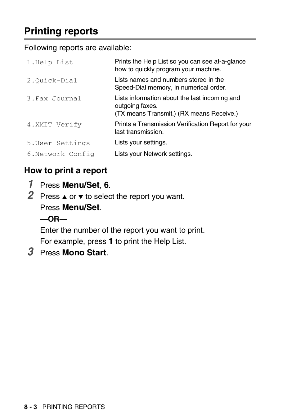 Printing reports, How to print a report, Printing reports -3 | How to print a report -3 | Brother DCP-110C User Manual | Page 94 / 212