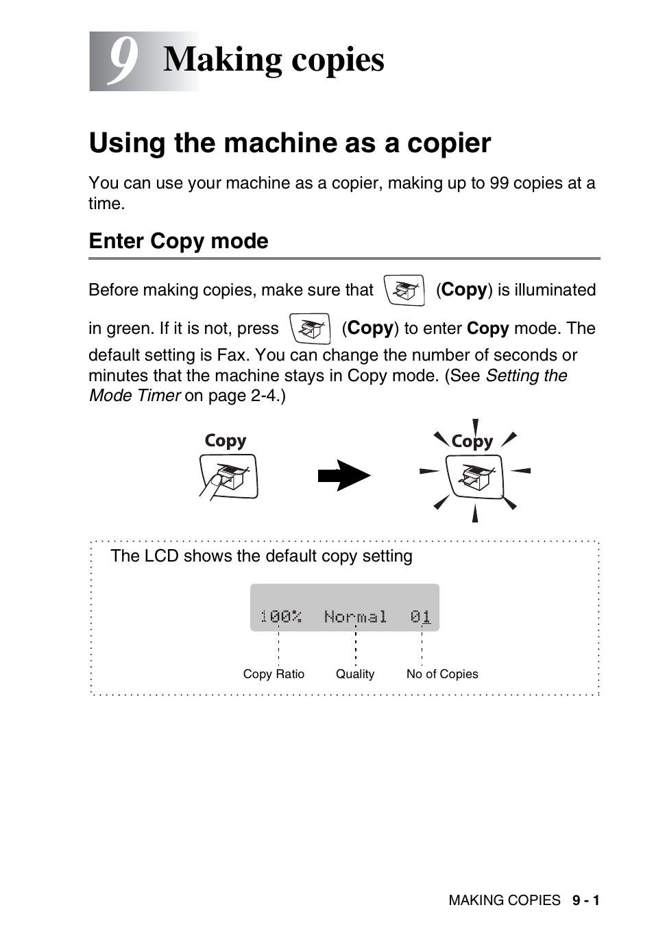 9 making copies, Using the machine as a copier, Enter copy mode | Making copies -1, Using the machine as a copier -1, Enter copy mode -1, Making copies | Brother DCP-110C User Manual | Page 95 / 212