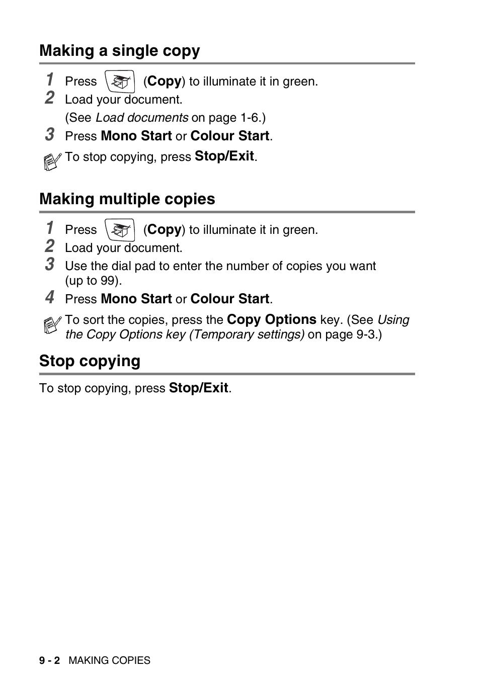 Making a single copy, Making multiple copies, Stop copying | Brother DCP-110C User Manual | Page 96 / 212