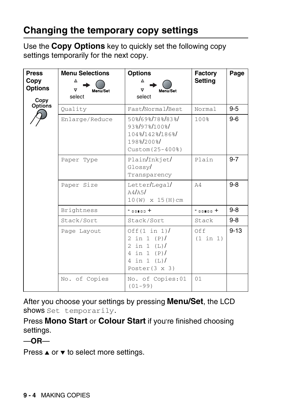 Changing the temporary copy settings, Changing the temporary copy settings -4, Copy options | Menu/set, Mono start, Colour start, Use the, The lcd shows, Press, If you | Brother DCP-110C User Manual | Page 98 / 212