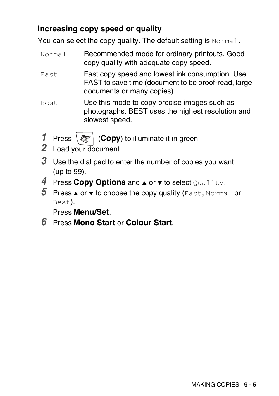 Increasing copy speed or quality, Increasing copy speed or quality -5 | Brother DCP-110C User Manual | Page 99 / 212