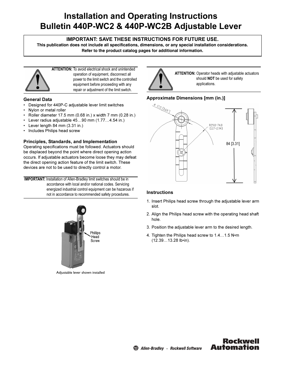 Rockwell Automation 440P-WC2B  Adjustable Lever  User Manual | 2 pages