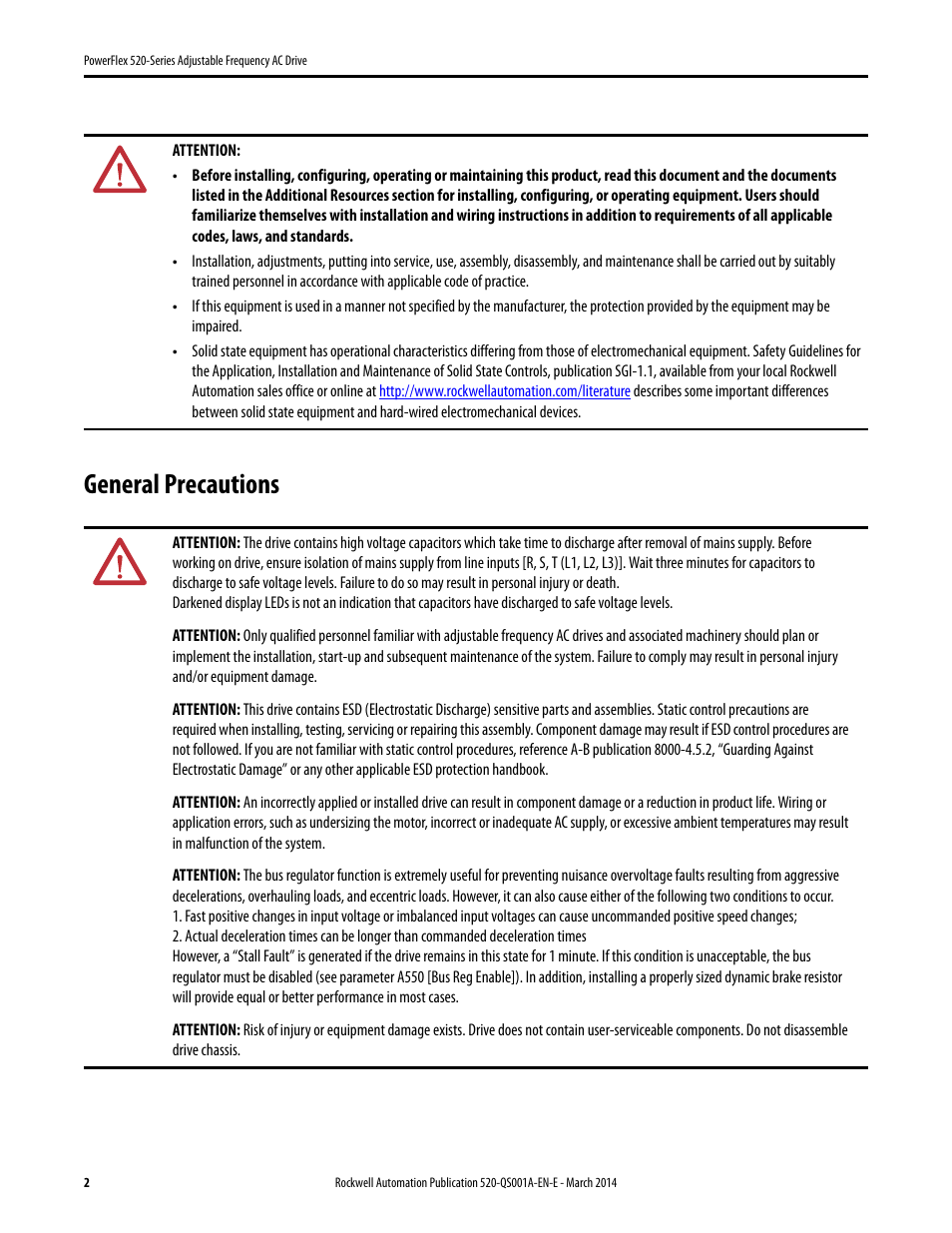 General precautions | Rockwell Automation 25B PowerFlex 520-Series Adjustable Frequency AC Drive Quick Start User Manual | Page 2 / 36