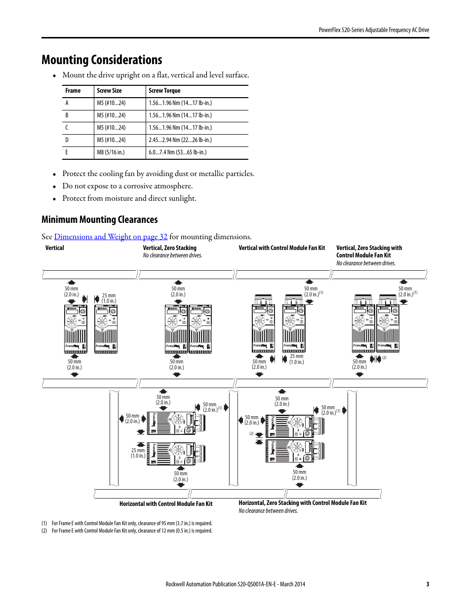 Mounting considerations, Minimum mounting clearances | Rockwell Automation 25B PowerFlex 520-Series Adjustable Frequency AC Drive Quick Start User Manual | Page 3 / 36