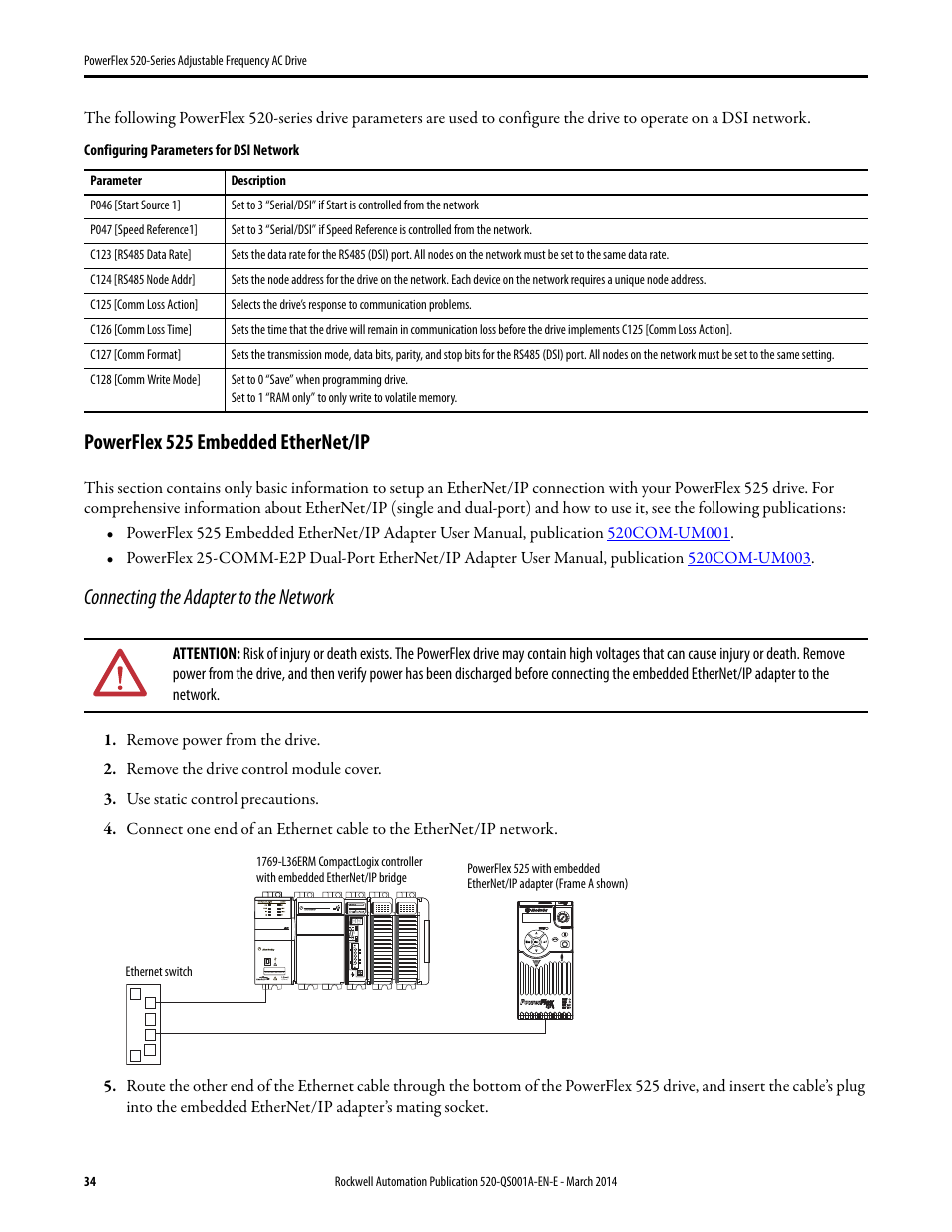 Powerflex 525 embedded ethernet/ip, Connecting the adapter to the network | Rockwell Automation 25B PowerFlex 520-Series Adjustable Frequency AC Drive Quick Start User Manual | Page 34 / 36