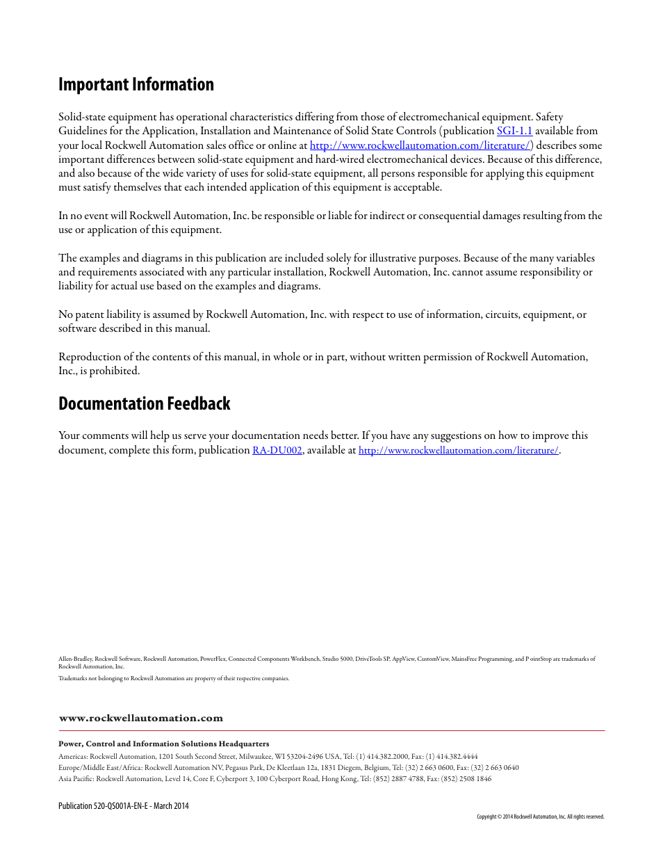 Back cover, Important information, Documentation feedback | Rockwell Automation 25B PowerFlex 520-Series Adjustable Frequency AC Drive Quick Start User Manual | Page 36 / 36