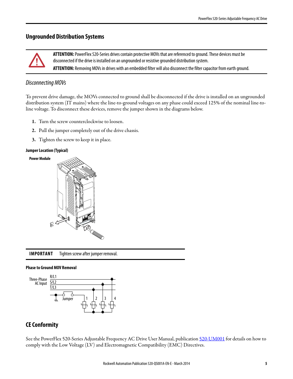 Ungrounded distribution systems, Ce conformity, Ungrounded distribution systems disconnecting movs | Rockwell Automation 25B PowerFlex 520-Series Adjustable Frequency AC Drive Quick Start User Manual | Page 5 / 36
