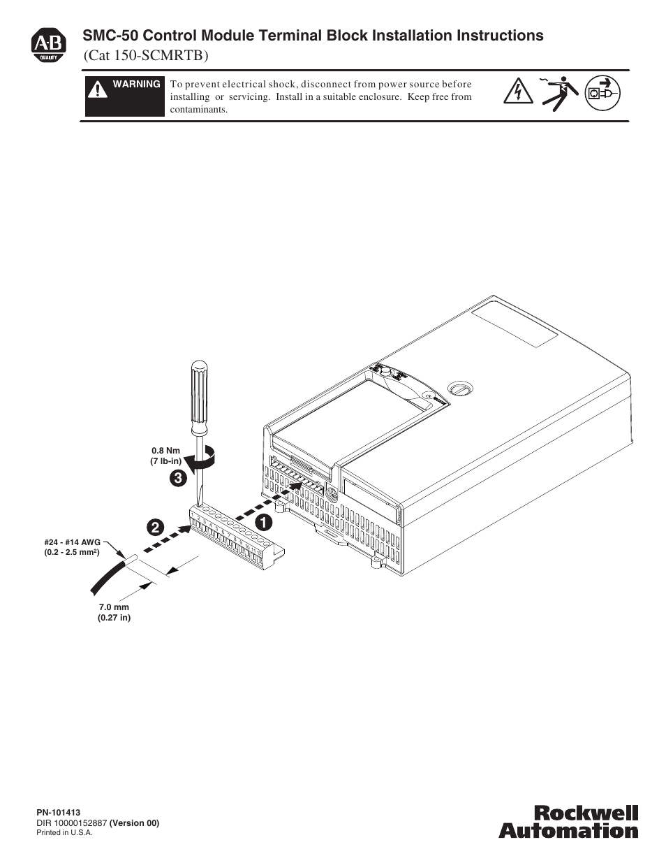 Rockwell Automation 150-SCMRTB SMC-50 Soft Starter Control Module Terminal Block Installation User Manual | 2 pages
