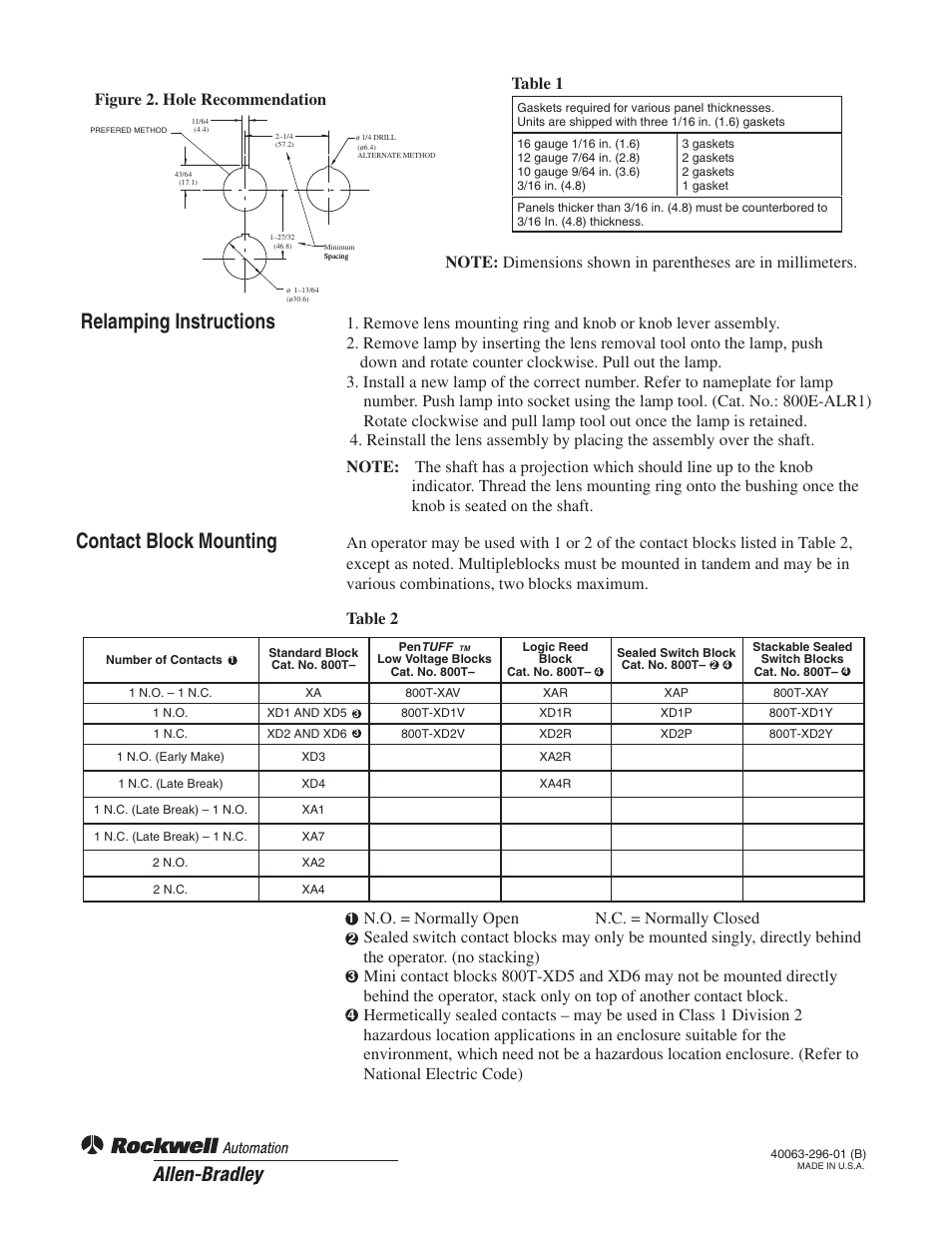 Relamping instructions contact block mounting, Table 1, Figure 2. hole recommendation | Rockwell Automation 800T_H Illuminated Selector Switch User Manual | Page 2 / 2