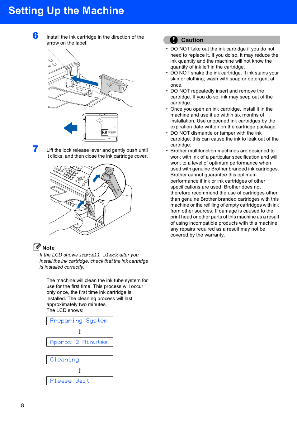 Setting up the machine, Preparing system, Approx 2 minutes | Cleaning, Please wait, Caution | Brother Fax 1360 User Manual | Page 10 / 16