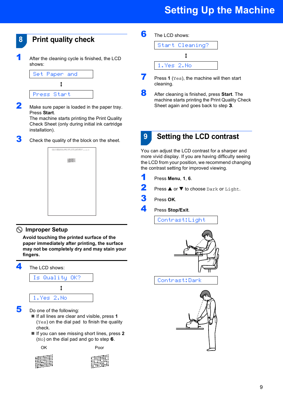 8 print quality check, 9 setting the lcd contrast, Setting up the machine | 8print quality check, 9setting the lcd contrast, Set paper and, Press start, Is quality ok, Yes 2.no, Start cleaning | Brother Fax 1360 User Manual | Page 11 / 16