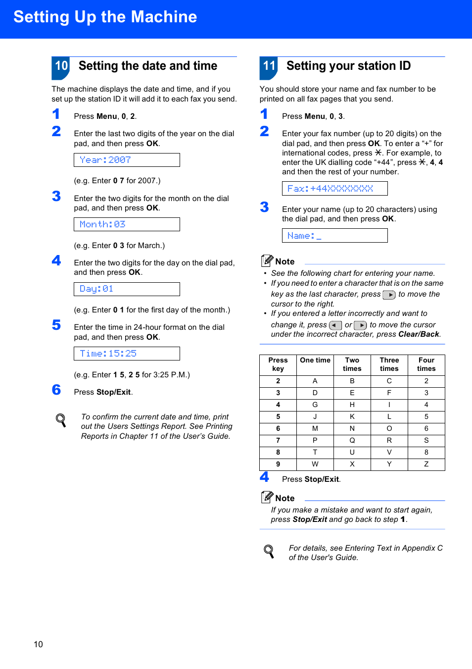 10 setting the date and time, 11 setting your station id, Setting up the machine | Year:2007, Month:03, Day:01, Time:15:25, Name | Brother Fax 1360 User Manual | Page 12 / 16