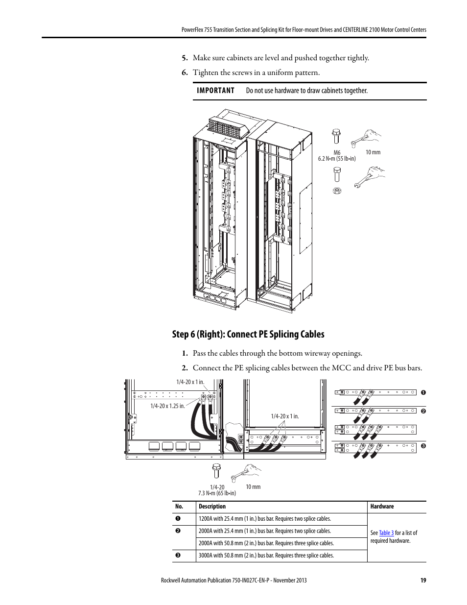 Step 6 (right): connect pe splicing cables | Rockwell Automation 21G PowerFlex 755 Transition Section and Splicing Kit User Manual | Page 19 / 26