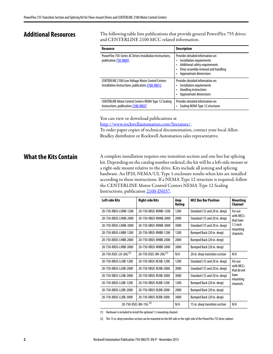 Additional resources, What the kits contain | Rockwell Automation 21G PowerFlex 755 Transition Section and Splicing Kit User Manual | Page 2 / 26