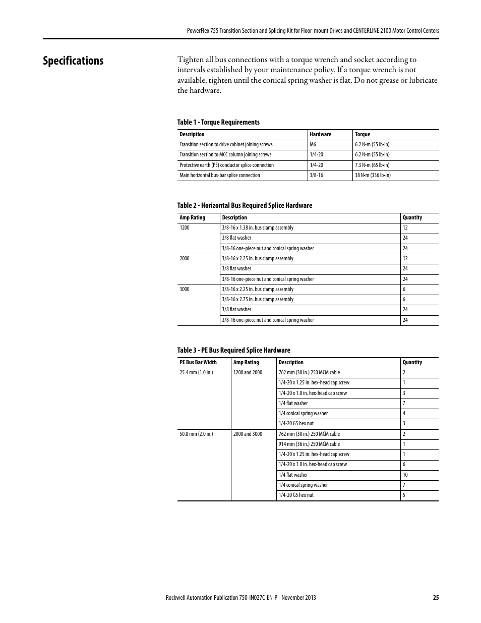 Specifications | Rockwell Automation 21G PowerFlex 755 Transition Section and Splicing Kit User Manual | Page 25 / 26