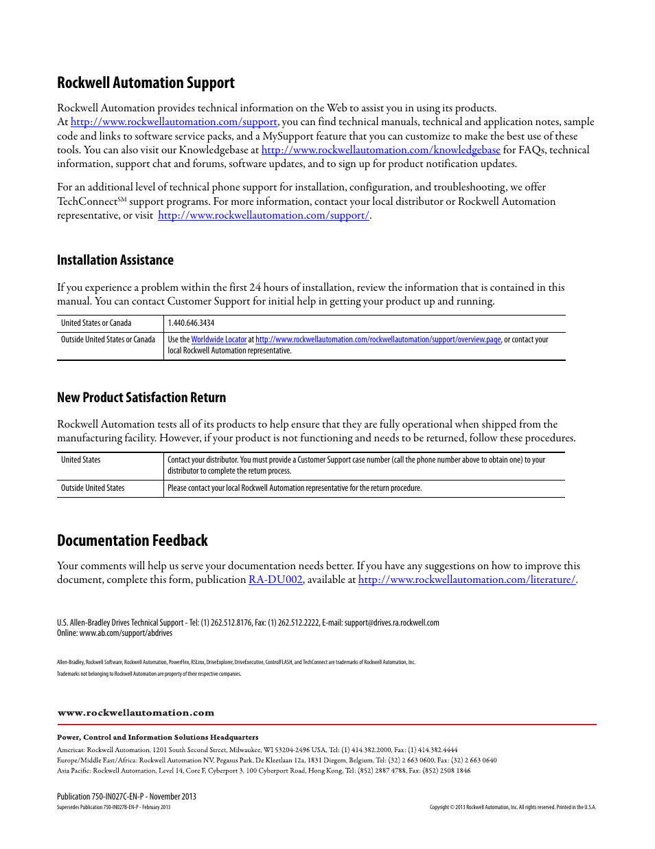 Rockwell automation support, Documentation feedback, Installation assistance | New product satisfaction return | Rockwell Automation 21G PowerFlex 755 Transition Section and Splicing Kit User Manual | Page 26 / 26