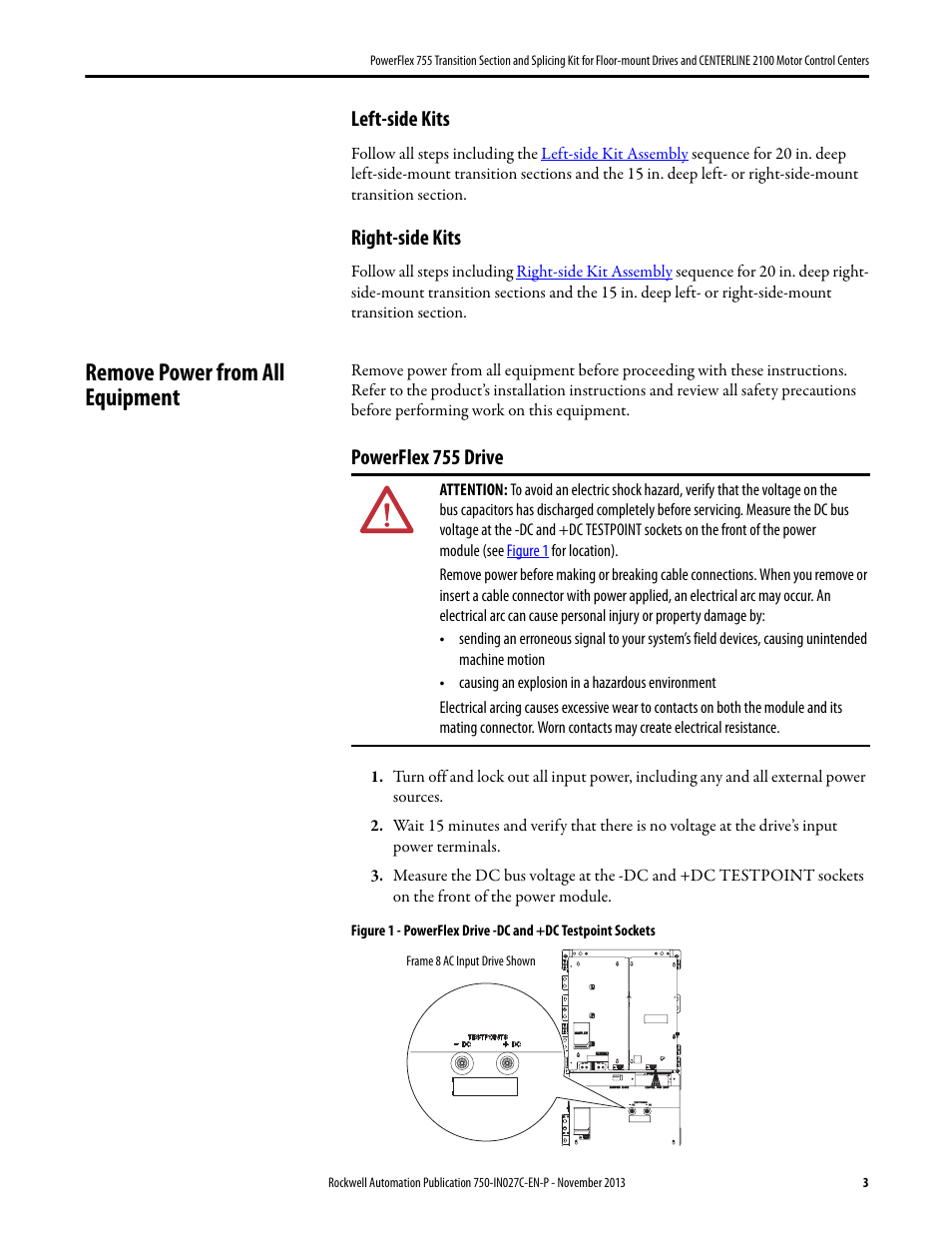 Remove power from all equipment, Left-side kits, Right-side kits | Powerflex 755 drive | Rockwell Automation 21G PowerFlex 755 Transition Section and Splicing Kit User Manual | Page 3 / 26