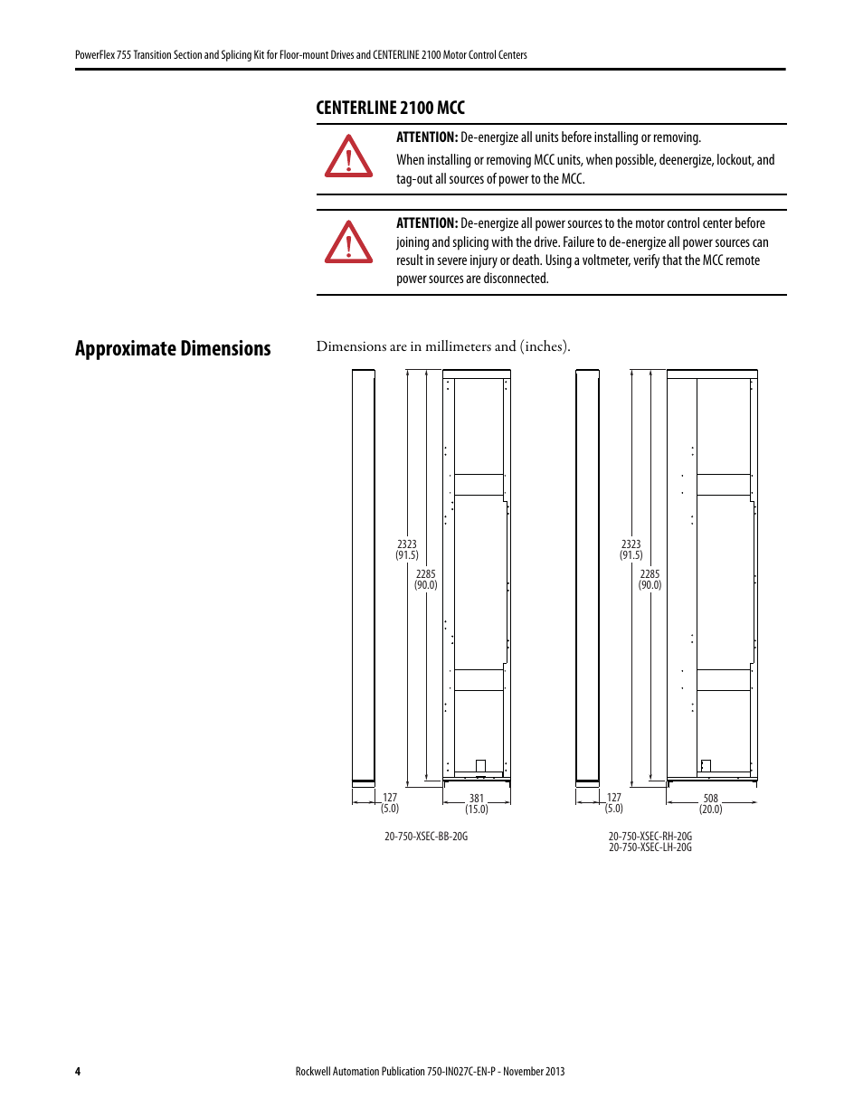 Approximate dimensions, Centerline 2100 mcc | Rockwell Automation 21G PowerFlex 755 Transition Section and Splicing Kit User Manual | Page 4 / 26