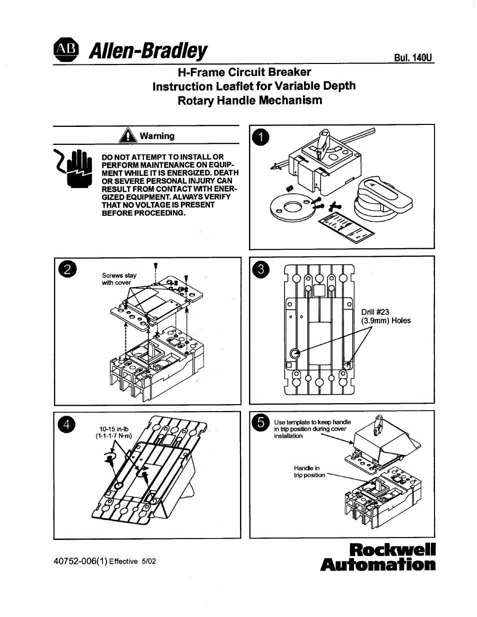 Rockwell Automation 140U H-Frame CB Instruction Leaflet for Variable Depth Rotary Handle Mechanism User Manual | 4 pages