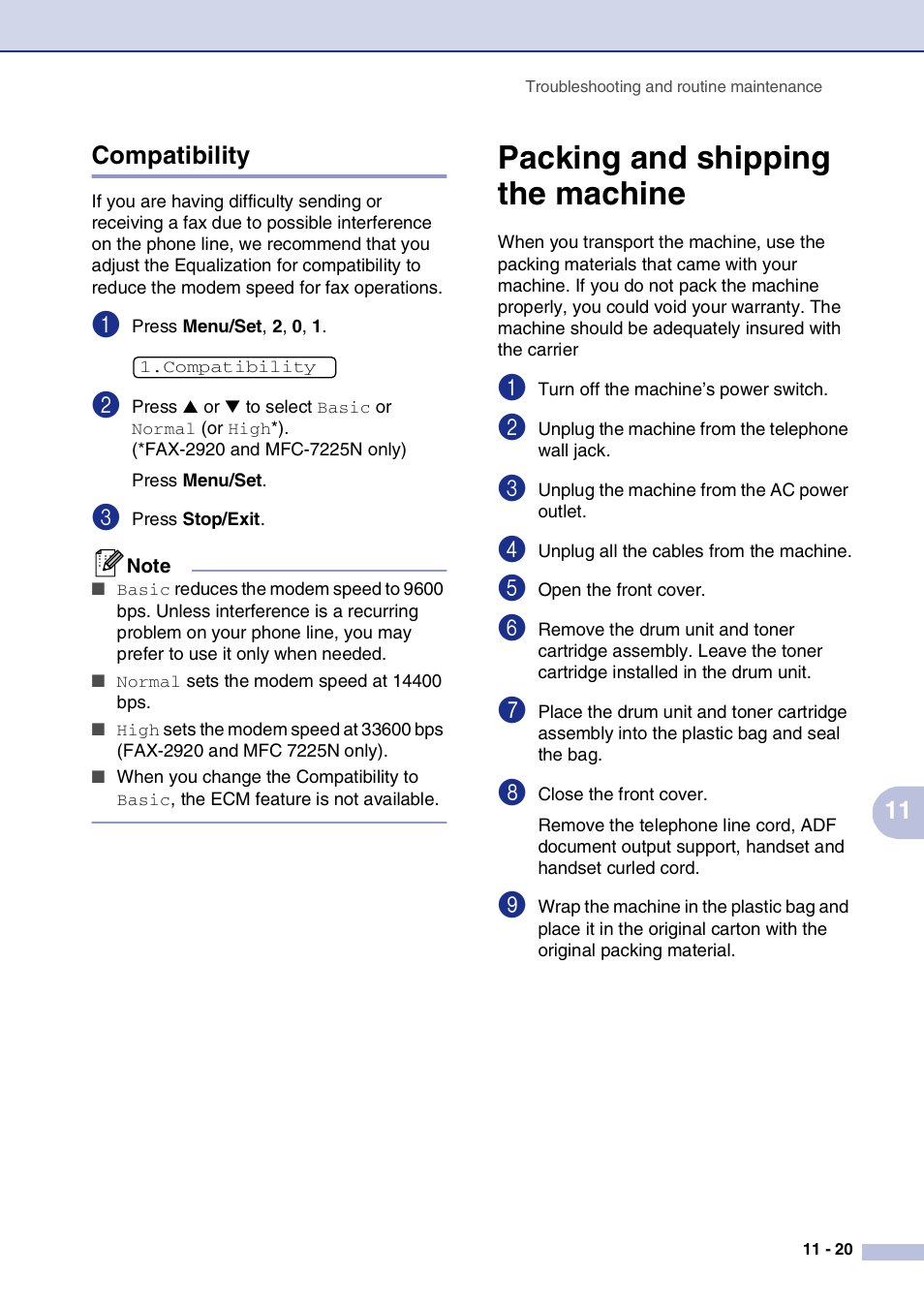 Compatibility, Packing and shipping the machine, Compatibility -20 | Packing and shipping the machine -20, 11 compatibility | Brother FAX2820 User Manual | Page 108 / 161