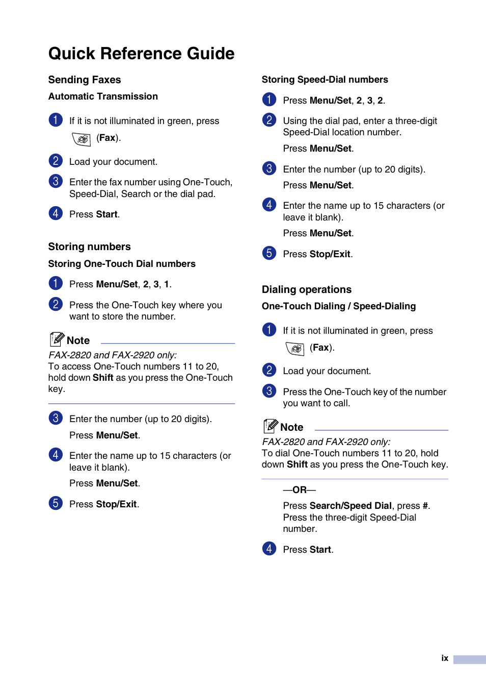 Quick reference guide, Sending faxes, Dialing operations | Brother FAX2820 User Manual | Page 11 / 161