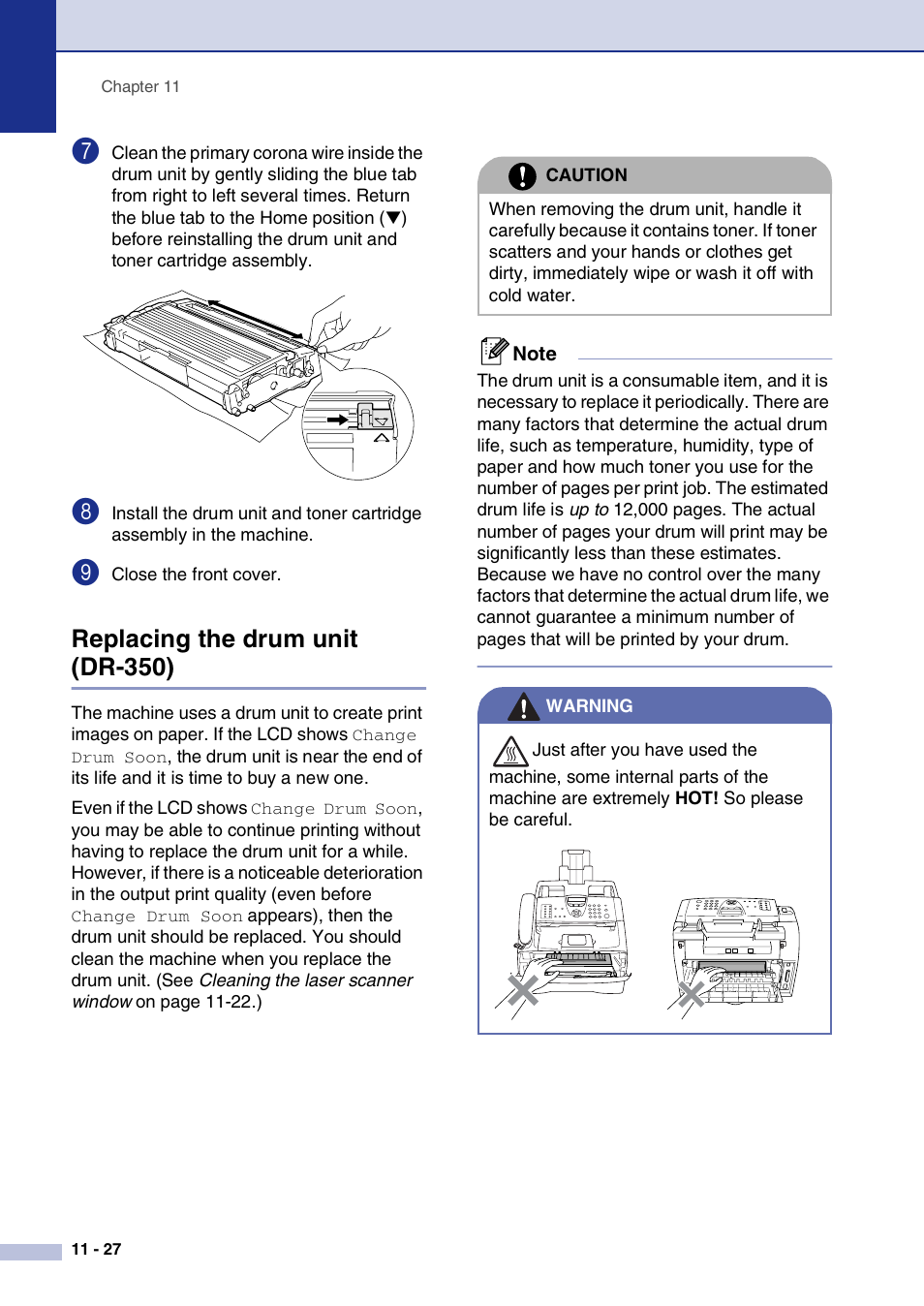 Replacing the drum unit (dr-350), Replacing the drum unit, Dr-350) -27 | See replacing the | Brother FAX2820 User Manual | Page 115 / 161