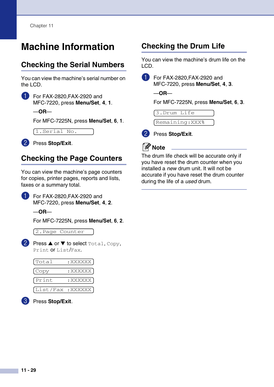 Machine information, Checking the serial numbers, Checking the drum life | Machine information -29, Checking the page counters | Brother FAX2820 User Manual | Page 117 / 161