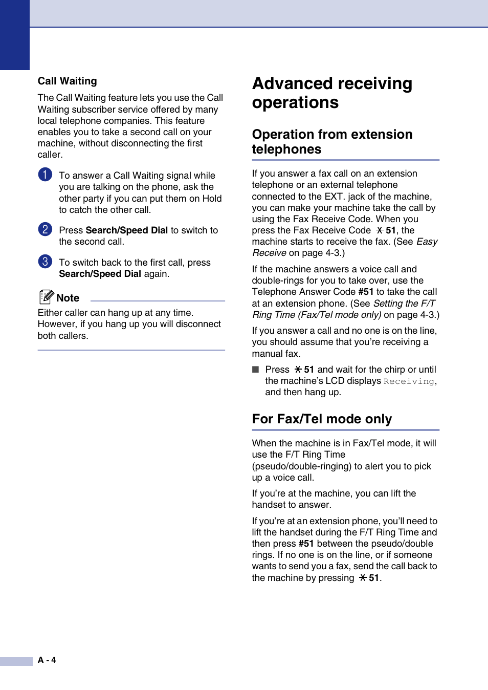 Call waiting, Advanced receiving operations, Operation from extension telephones | For fax/tel mode only | Brother FAX2820 User Manual | Page 121 / 161