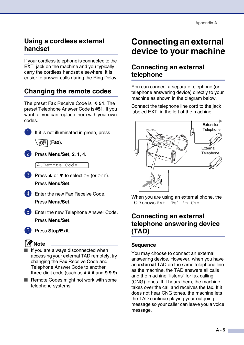 Using a cordless external handset, Changing the remote codes, Connecting an external device to your machine | Connecting an external telephone, Sequence | Brother FAX2820 User Manual | Page 122 / 161
