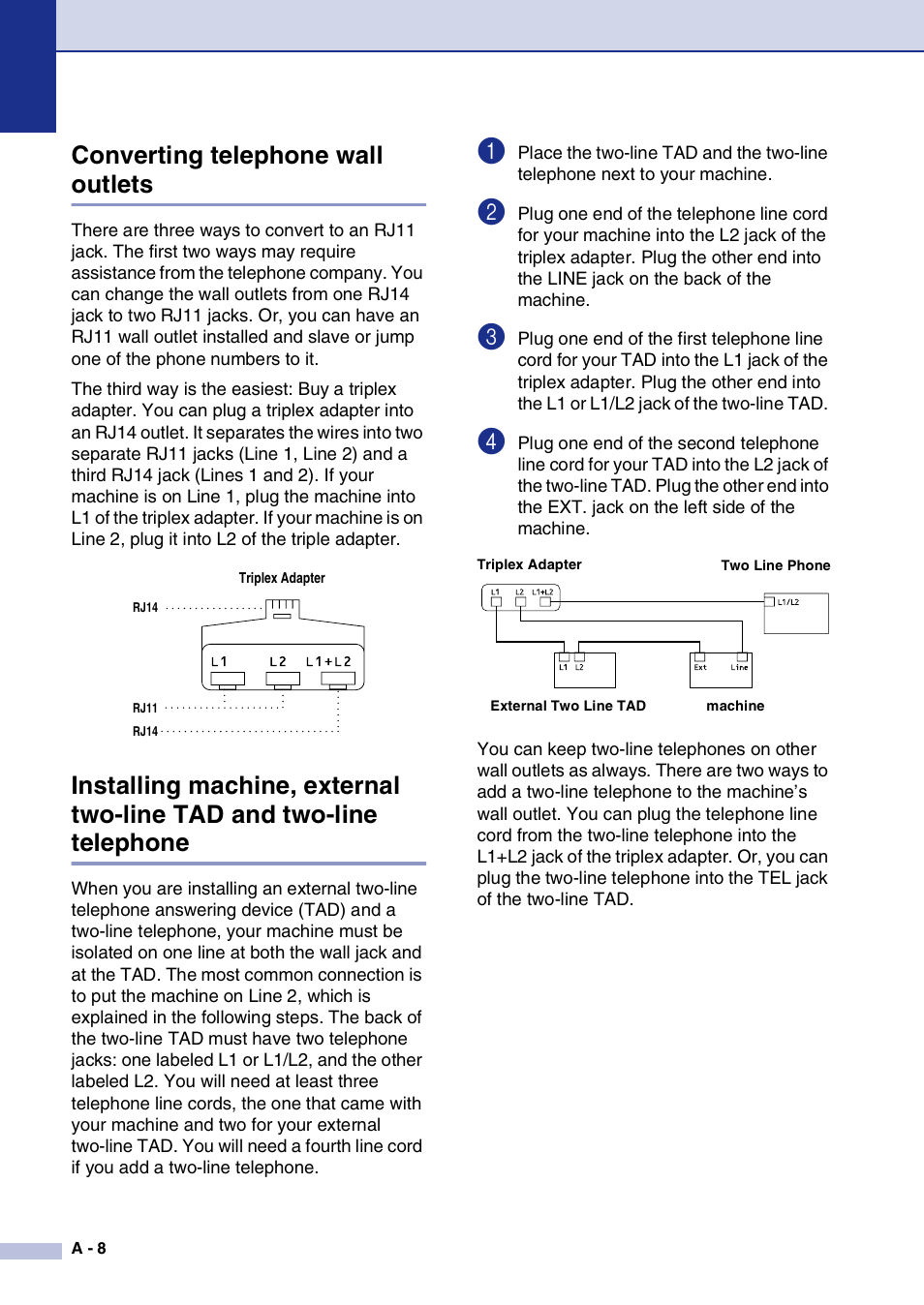Converting telephone wall outlets | Brother FAX2820 User Manual | Page 125 / 161