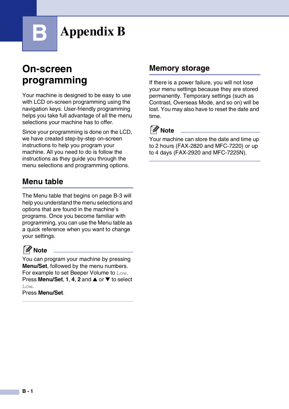 Appendix b, On-screen programming, Menu table | Memory storage | Brother FAX2820 User Manual | Page 127 / 161