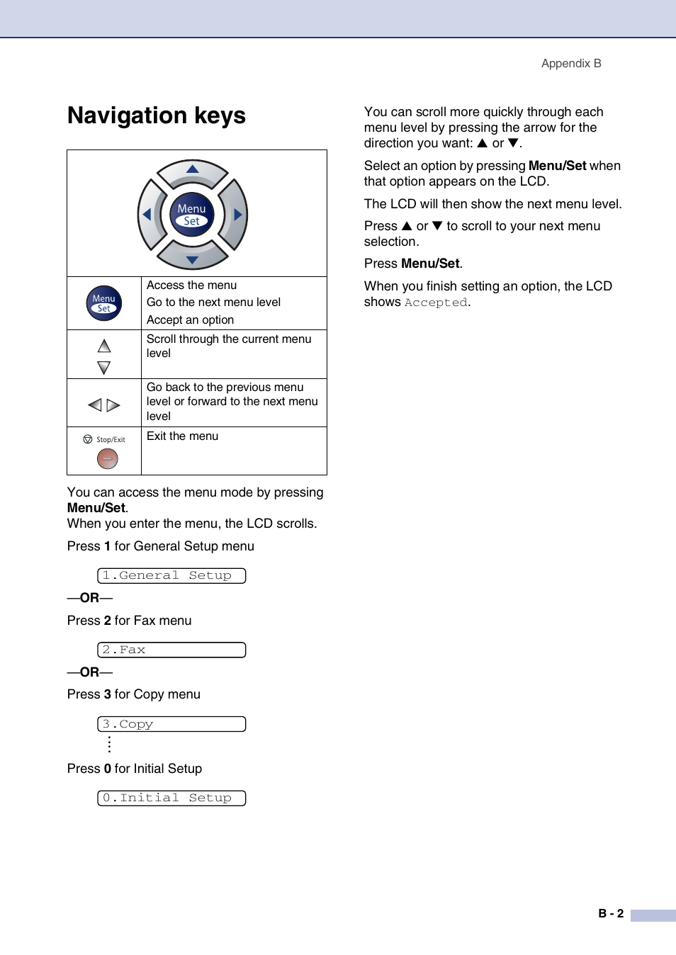 Navigation keys | Brother FAX2820 User Manual | Page 128 / 161