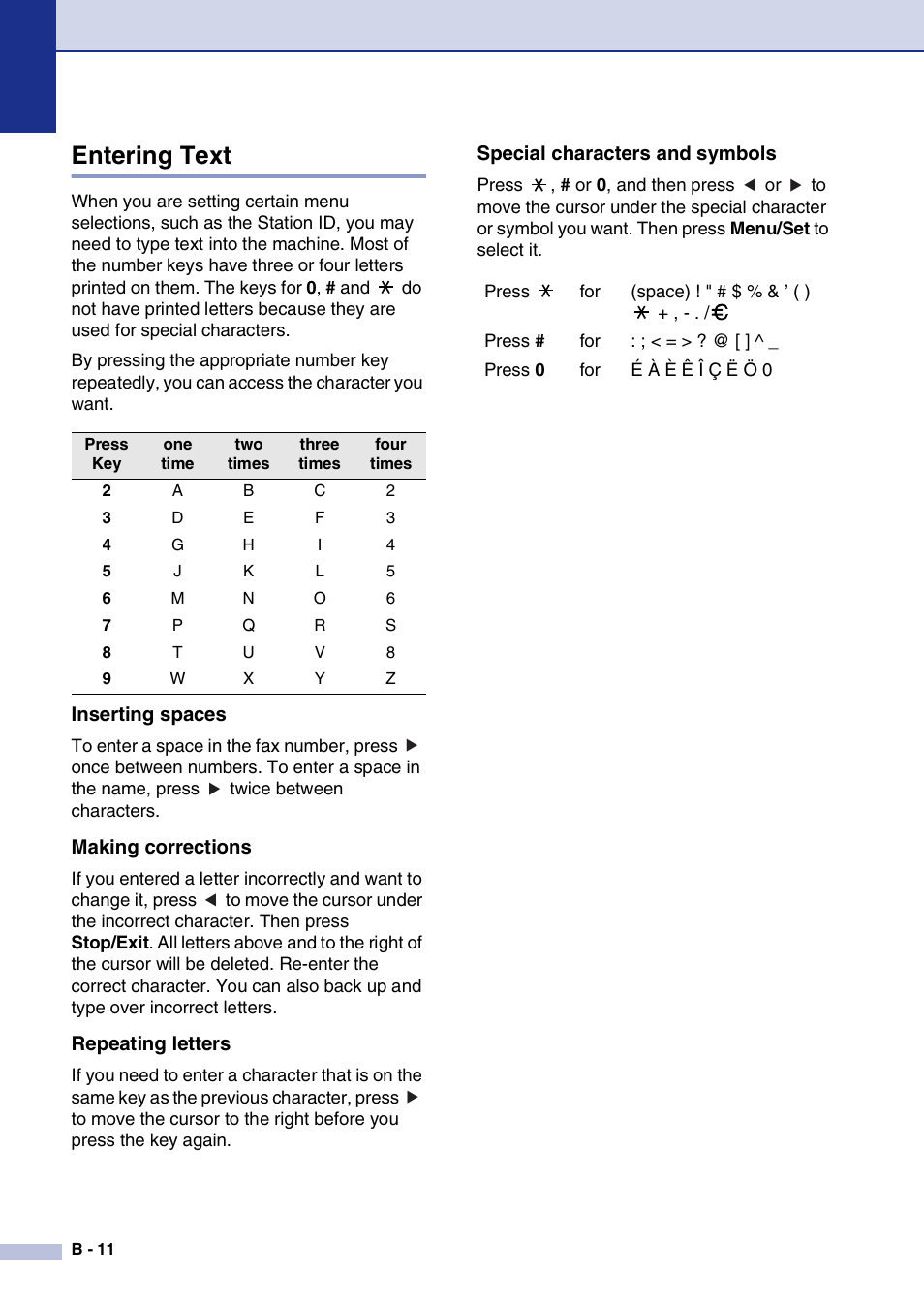 Entering text, Inserting spaces, Making corrections | Repeating letters, Special characters and symbols, On b-11 f | Brother FAX2820 User Manual | Page 137 / 161