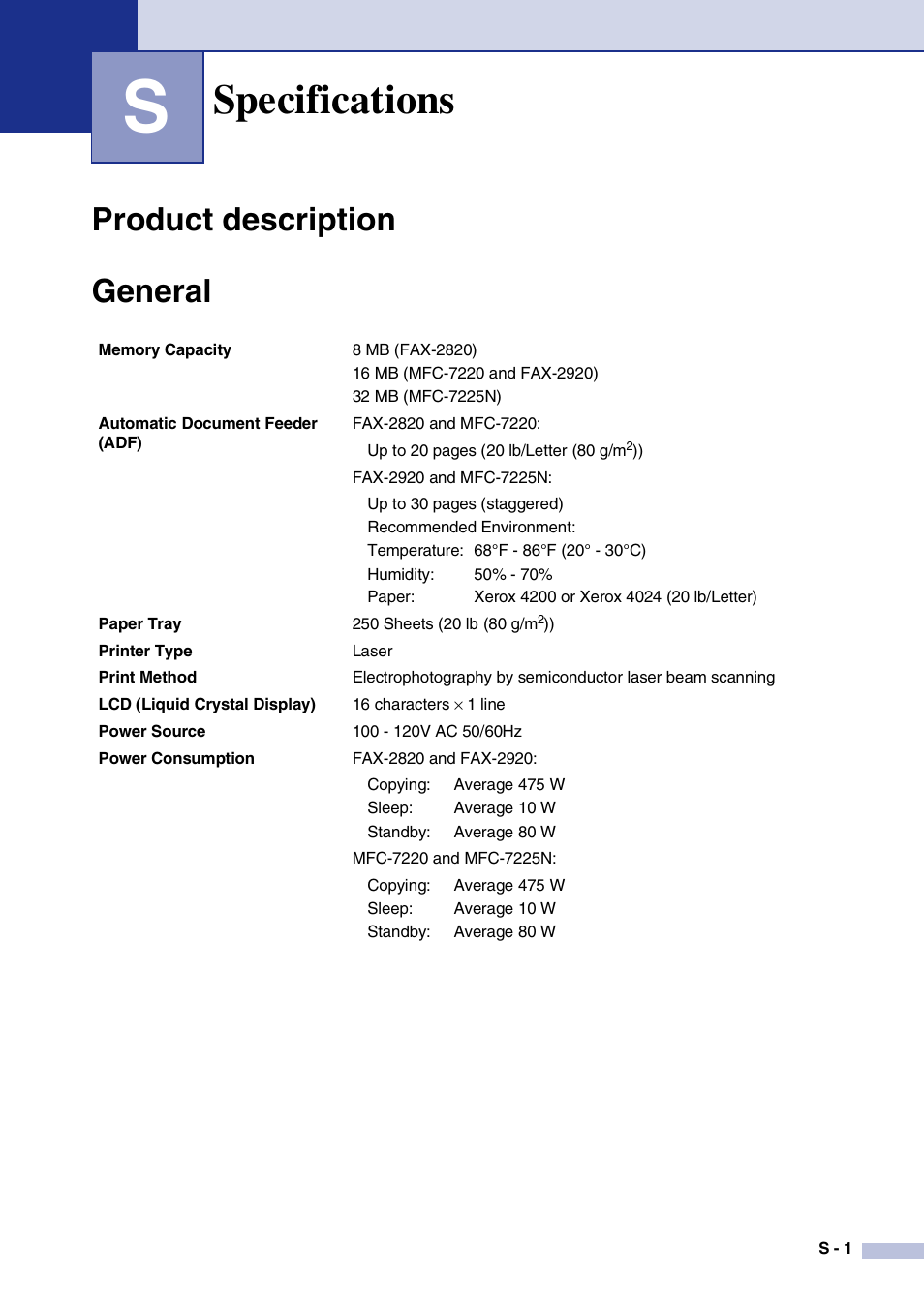 Specifications, Product description, General | Product description general | Brother FAX2820 User Manual | Page 142 / 161