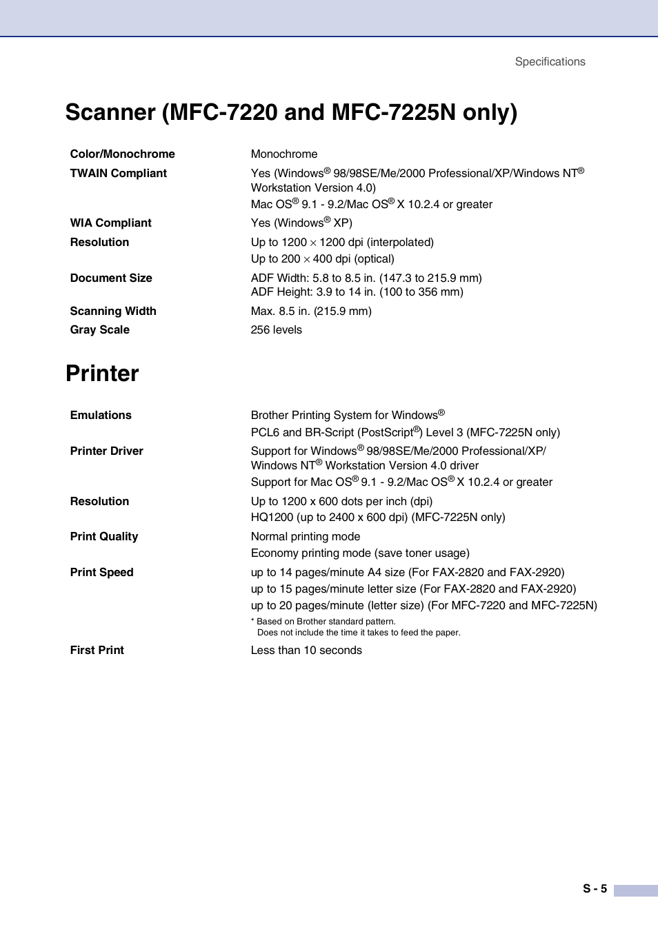 Scanner (mfc-7220 and mfc-7225n only), Printer | Brother FAX2820 User Manual | Page 146 / 161