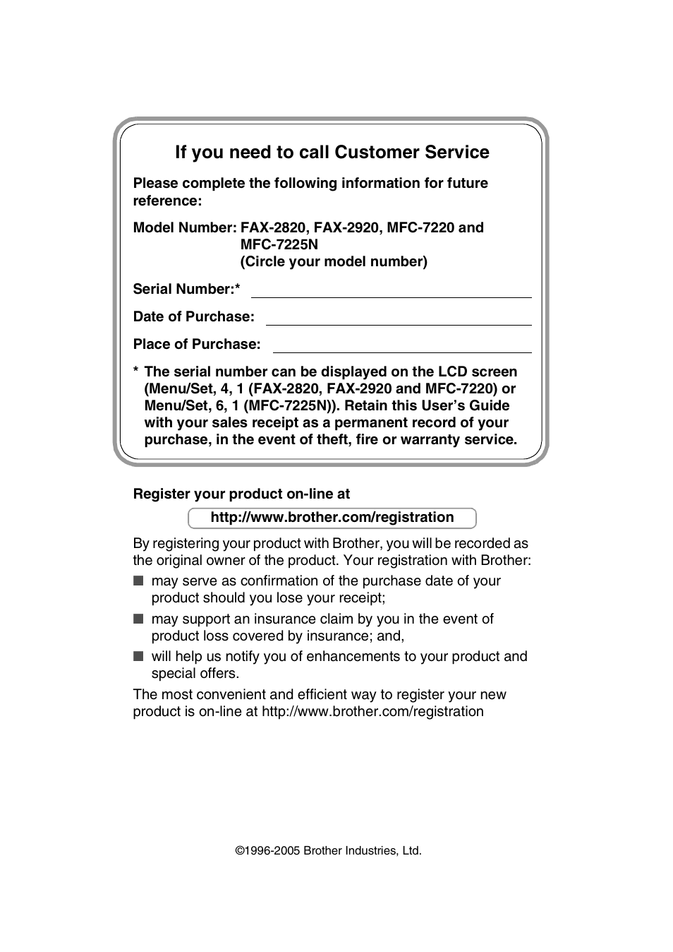 If you need to call customer service | Brother FAX2820 User Manual | Page 2 / 161